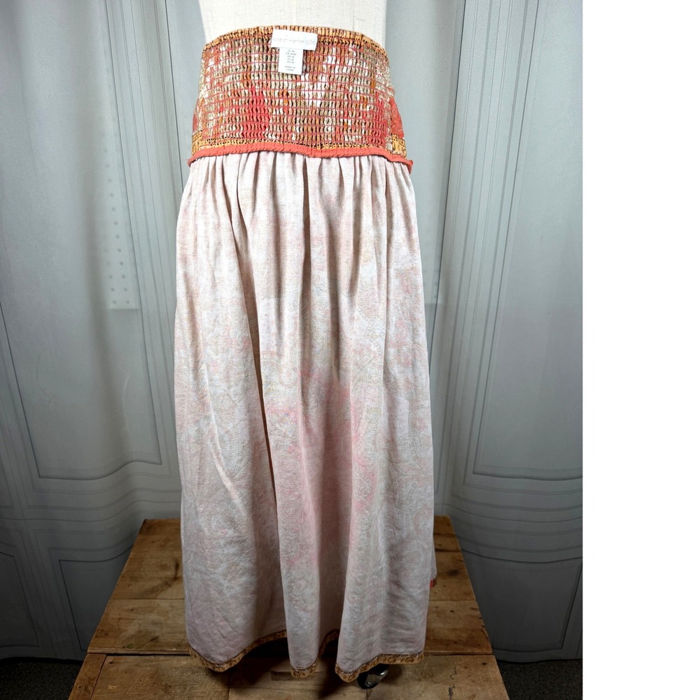 House of Harlow 1960 Orange Paisley Smocked Back Maxi Skirt Linen Blend M 33" - Picture 7 of 12